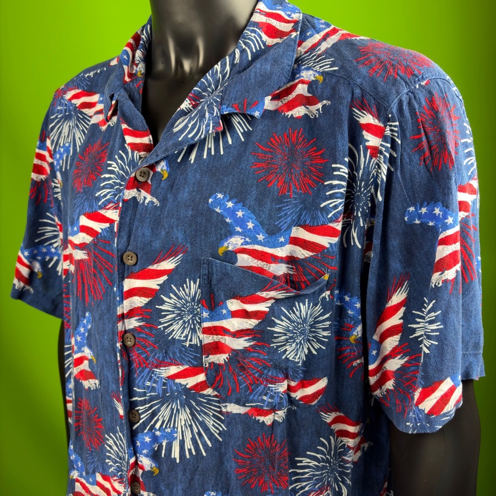 Patriotic Eagle Flag Hawaiian Shirt Mens 2X Rayon S/S Button Up OOP GEORGE VTG